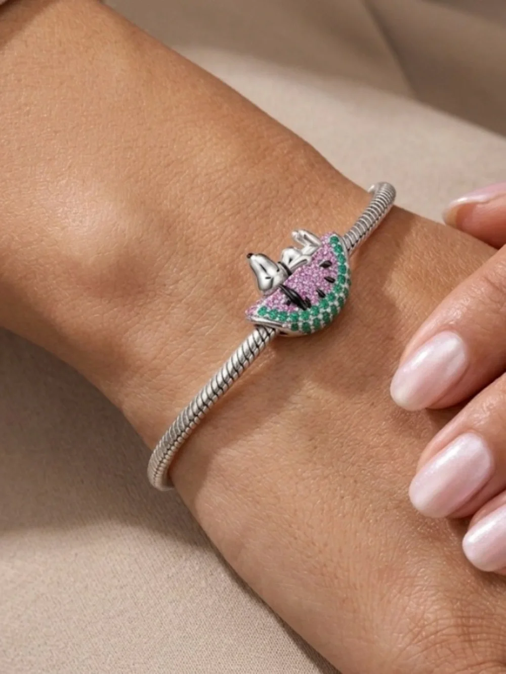 Sterling Silver Inspired Snoopy Watermelon Charm with Pink & Green Stones